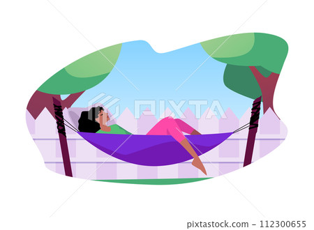 A woman enjoys relaxing in a hammock in her backyard. 112300655