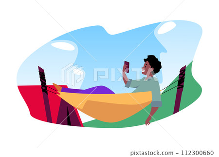 Isolated vector of a teenager with a phone in a hammock. Isolated vector of a teenager with a phone in a hammock. 112300660