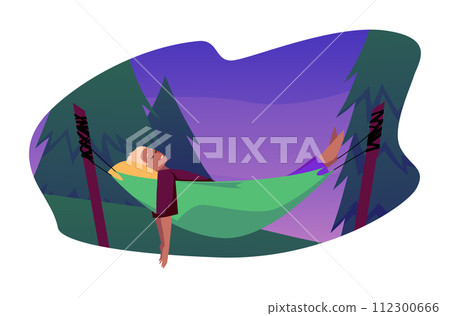 Forest night rest, depicted with a man in a hammock against the backdrop of a night forest. 112300666