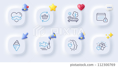 Ice cream, Fishing and Love gift line icons. Buttons with 3d bell, chat speech, cursor. Pack of Heart, Refresh cart, Father day icon. Lounger, Calendar pictogram. For web app, printing. Vector Ice cream, Fishing and Love gift line icons. Buttons with 3d bell, chat speech, cursor. Pack of Heart, Refresh cart, Father day icon. Lounger, Calendar pictogram. For web app, printing. Vector 112300769