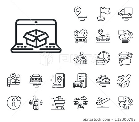 Parcel tracking sign. Plane, supply chain and place location outline icons. Online delivery line icon. Logistics website symbol. Online delivery line sign. Taxi transport, rent a bike icon. Vector 112300792
