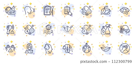Outline set of Dont touch, Vaccine announcement and Mint tea line icons for web app. Include Pandemic vaccine, Electronic thermometer, Medical mask pictogram icons. Stress, Nasal test. Vector 112300799