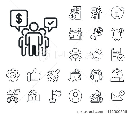 Employees chat sign. Salaryman, gender equality and alert bell outline icons. Teamwork line icon. Core value symbol. Teamwork line sign. Spy or profile placeholder icon. Online support, strike. Vector Employees chat sign. Salaryman, gender equality and alert bell outline icons. Teamwork line icon. Core value symbol. Teamwork line sign. Spy or profile placeholder icon. Online support, strike. Vector 112300836