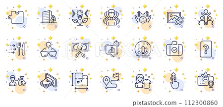 Outline set of Group, Floor plan and Cash line icons for web app. Include Statistics timer, Clean shirt, Swipe up pictogram icons. Carry-on baggage, Buildings, Lotus signs. Cut tax. Vector 112300860