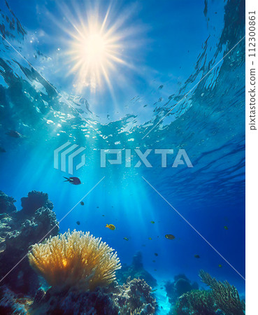 從水下看到的珊瑚和藍色的大海（AI 生成的圖像） 112300861