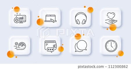Headphones, Wallet and Speedometer line icons pack. 3d glass buttons with blurred circles. Chat message, Time, Portable computer web icon. Hold heart, Medical analytics pictogram. Vector 112300862