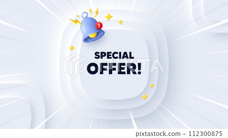 Special offer tag. Neumorphic banner with sunburst. Sale sign. Advertising Discounts symbol. Special offer message. Banner with 3d reminder bell. Circular neumorphic template. Vector 112300875