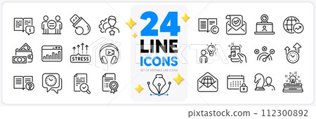 Icons set of Video conference, Help and Stress grows line icons pack for app with Flash memory, Inspect, Brand thin outline icon. Money wallet, Confirmed mail, Music phone pictogram. Vector 112300892