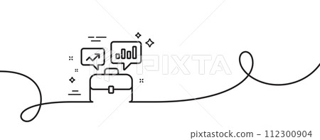 Business portfolio with Growth charts line icon. Continuous one line with curl. Job Interview sign. Business portfolio single outline ribbon. Loop curve pattern. Vector 112300904