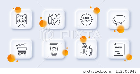 Talk bubble, Vision board and Fake news line icons pack. 3d glass buttons with blurred circles. Discount, Shopping cart, Document signature web icon. Sunscreen, Medical drugs pictogram. Vector 112300945