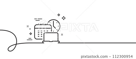 Work time line icon. Continuous one line with curl. Laptop with calendar sign. Accounting symbol. Work time single outline ribbon. Loop curve pattern. Vector Work time line icon. Continuous one line with curl. Laptop with calendar sign. Accounting symbol. Work time single outline ribbon. Loop curve pattern. Vector 112300954