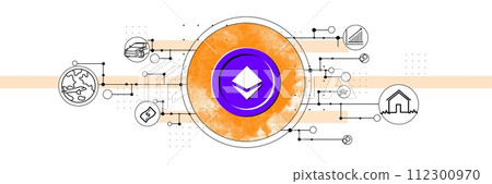 Crypto coin surrounded by icons representing various business and financial concepts. Possibility of using cryptocurrency for payments Crypto coin surrounded by icons representing various business and financial concepts. Possibility of using cryptocurrency for payments 112300970
