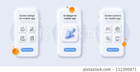 Bell alert, Hot sale and Buy currency line icons pack. 3d phone mockups with cursor. Glass smartphone screen. Innovation, Handout, Coffee machine web icon. Gamepad, Software pictogram. Vector Bell alert, Hot sale and Buy currency line icons pack. 3d phone mockups with cursor. Glass smartphone screen. Innovation, Handout, Coffee machine web icon. Gamepad, Software pictogram. Vector 112300971