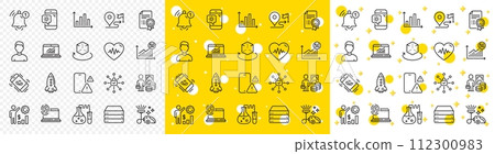 Outline Headshot, Employees wealth and Online statistics line icons pack for web with Heartbeat, Phone warning, Computer fingerprint line icon. Smile, Money profit. Yellow design with 3d stars. Vector 112300983