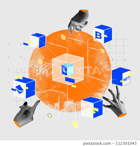 Abstract digital collage with floating 3D Bitcoin and NFT icons around central globe. Cryptocurrency exchange homepage, showcasing various crypto assets. Abstract digital collage with floating 3D Bitcoin and NFT icons around central globe. Cryptocurrency exchange homepage, showcasing various crypto assets. 112301043