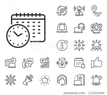 Clock sign. Place location, technology and smart speaker outline icons. Calendar time line icon. Watch symbol. Calendar time line sign. Influencer, brand ambassador icon. Support, online offer. Vector 112301044