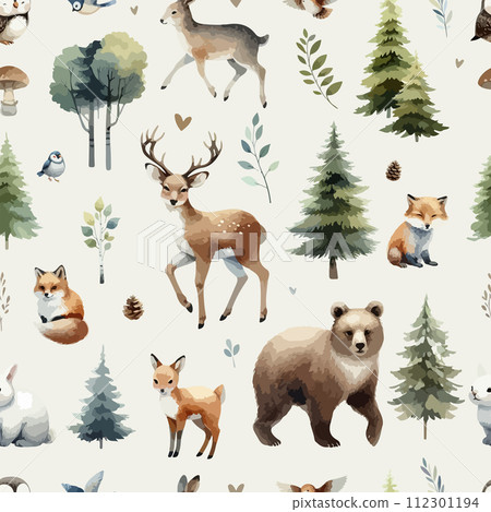 Watercolor seamless pattern with wild forest animals. 112301194