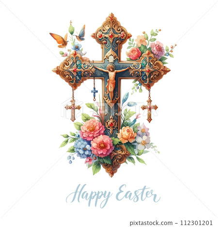 Watercolor Orthodox cross in flowers.Happy easter. Cute Easter greeting card with flowers. 112301201