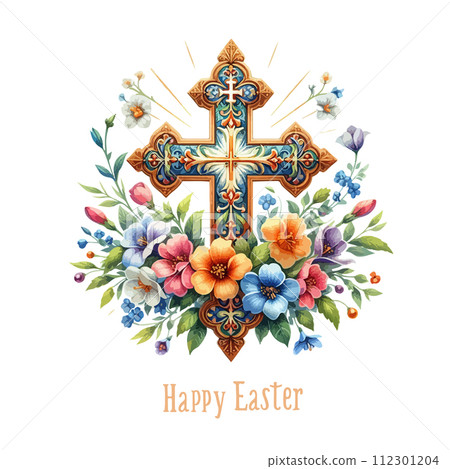 Watercolor Orthodox cross in flowers.Happy easter. Cute Easter greeting card with flowers. Watercolor Orthodox cross in flowers.Happy easter. Cute Easter greeting card with flowers. 112301204