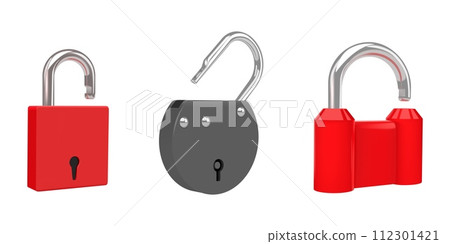 3D padlock. Unlock security locker. Open house or computer encryption technology. Blocked lock. Metal bank door. Secret protection. Password secure. Privacy safety. Vector render icons set 3D padlock. Unlock security locker. Open house or computer encryption technology. Blocked lock. Metal bank door. Secret protection. Password secure. Privacy safety. Vector render icons set 112301421