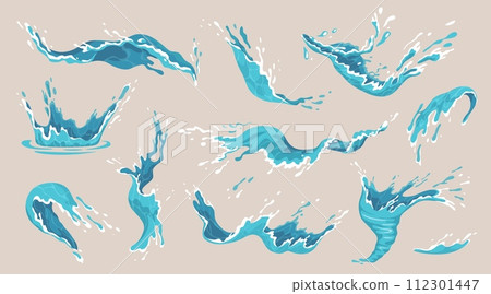 Water splash. Ocean wave, sea drop with circle liquid effect of swirl or spray, 2d flow, drink spill or droplet. Clean fresh aqua in motion. Splashing flowing particles. Vector cartoon icons 112301447