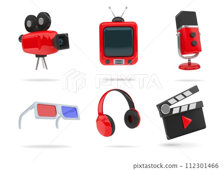 3D music icons. Cinema movie or television film. Camera and microphone speaker. TV stereo eyeglasses. Headphones render. Video record. Filmmaking equipment. Vector cartoon objects set 3D music icons. Cinema movie or television film. Camera and microphone speaker. TV stereo eyeglasses. Headphones render. Video record. Filmmaking equipment. Vector cartoon objects set 112301466