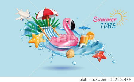 3D summer party. Beach vacation. Summertime holidays journey. Inflatable flamingo in water splash. Fun festive travel and sale. Lounger and orange cocktail. Ocean shell. Vector background 3D summer party. Beach vacation. Summertime holidays journey. Inflatable flamingo in water splash. Fun festive travel and sale. Lounger and orange cocktail. Ocean shell. Vector background 112301479