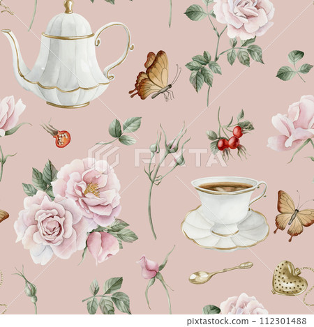 Rose hip pink flowers, red berries, leaves, white porcelain teaware and butterflies, watercolor seamless pattern on peach pink background. For use in design, fabric, textile, scrapbooking, wallpaper,  112301488