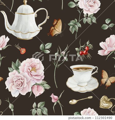 Rose hip pink flowers, red berries, leaves, white porcelain teaware and butterflies, watercolor seamless pattern on dark background. For use in design, fabric, textile, scrapbooking, wallpaper, wrappi 112301490
