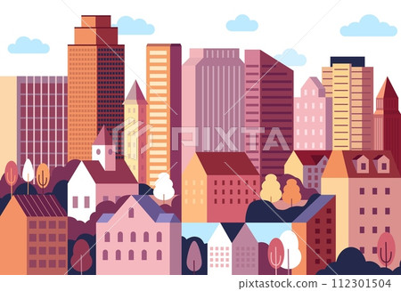 City pattern. Green town, different buildings, future cityscape or landscape with nature blocks and skyline. Autumn minimal scenery. Geometric background design vector flat isolated illustration City pattern. Green town, different buildings, future cityscape or landscape with nature blocks and skyline. Autumn minimal scenery. Geometric background design vector flat isolated illustration 112301504