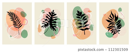 Abstract nature art. Shape wall posters, scandinavian botanical plant leaf background, leaf vegetation. Black tropical leaves, spring card contemporary design, vector illustration set Abstract nature art. Shape wall posters, scandinavian botanical plant leaf background, leaf vegetation. Black tropical leaves, spring card contemporary design, vector illustration set 112301509