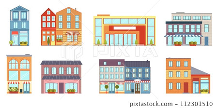 City buildings. House, business office icons, modern color cafe apartments and condominium. Shop and apartment. Street panorama. Geometric minimal isolated elements, vector cartoon flat set 112301510