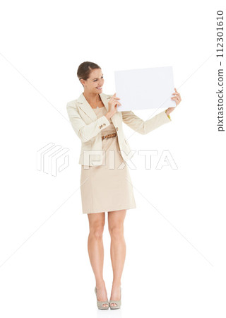Business woman, poster mockup and studio presentation for advertising opportunity, news or job information. Happy professional worker, secretary or person with paper and space on a white background 112301610
