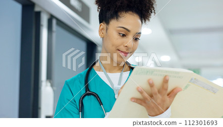 Writing, notes and nurse with document in hospital for insurance, healthcare or compliance report with information. Paperwork, checklist and doctor with medical file, chart or folder in clinic 112301693