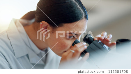 Particles, microscope or woman scientist in laboratory for research, medical analysis or test experiment. Healthcare, investigation or science expert with technology for future development or results 112301708
