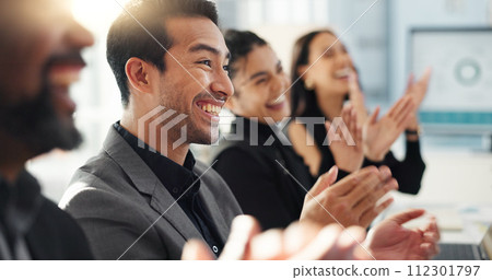 Business people, applause and meeting success with support or thank you for achievement, praise or promotion. Professional group, men and women clapping for news, congratulations or team presentation Business people, applause and meeting success with support or thank you for achievement, praise or promotion. Professional group, men and women clapping for news, congratulations or team presentation 112301797