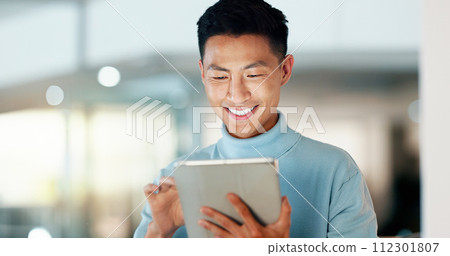 Asian man with tablet, smile and scroll, thinking and reading email, review or article at startup. Internet, research and happy businessman with digital app for with networking, social media or web. 112301807