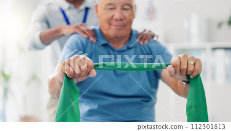 Resistance band, physical therapy and old man with physiotherapist, muscle training and strength with senior care. Health, wellness and people at physio clinic with rehabilitation and equipment 112301813