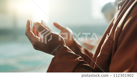 Muslim man, praying and mosque with hands, closeup and mindfulness with worship, praise or gratitude. Islamic person, religion and peace with group, prayer and thinking with meditation in Palestine Muslim man, praying and mosque with hands, closeup and mindfulness with worship, praise or gratitude. Islamic person, religion and peace with group, prayer and thinking with meditation in Palestine 112301902