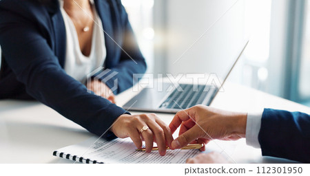 Professional hands, clients and documents signature for legal contract, agreement and office consultation. Notary, advisor or people writing on paper for funding, terms and conditions or insurance 112301950