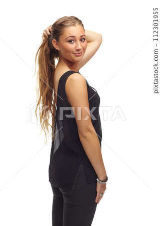 Happy woman, portrait and confidence for fashion in studio, casual style and aesthetic on white background. Female person, smile and pride for gen z culture, university student and designer clothes 112301955