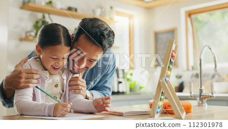 Homework, father and girl with education, teaching and conversation with support, excited and knowledge. Female child writing, student and proud dad with a kid, kitchen and learning with development 112301978
