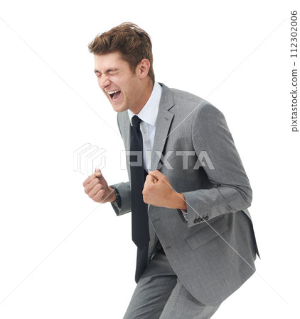 Businessman, fist pump and success in studio with celebration deal and growth in company shares. Happy lawyer, professional and scream for job achievement, promotion and winner by white background Businessman, fist pump and success in studio with celebration deal and growth in company shares. Happy lawyer, professional and scream for job achievement, promotion and winner by white background 112302006