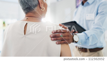 Man, doctor and tablet with patient for consultation, diagnosis or support in trust or healthcare at hospital. Male person, nurse or medical employee touching or listening to woman in checkup or exam 112302032