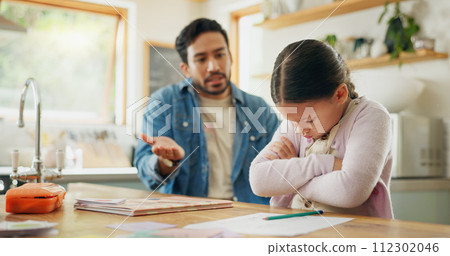Angry dad with crying child, homework and scolding in kitchen, helping to study with conflict. Learning, teaching and frustrated father with sad daughter for discipline, education and problem in home Angry dad with crying child, homework and scolding in kitchen, helping to study with conflict. Learning, teaching and frustrated father with sad daughter for discipline, education and problem in home 112302046