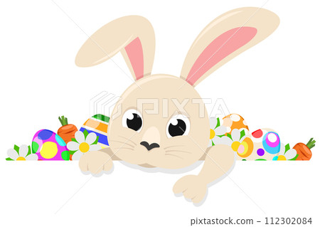 Easter bunny with colorful eggs peeks out on a white background. Place for text. Easter bunny with colorful eggs peeks out on a white background. Place for text. 112302084