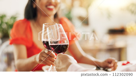 Hands, wine and people with toast for celebration on Valentines day, love and romantic date in relationship. Connection, commitment and couple with drinks for special event or anniversary cheers 112302090