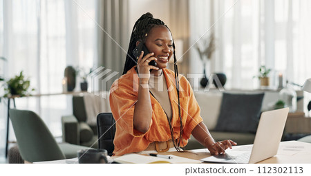 Black woman in home office, phone call and laptop for remote work, social media or content management. Happy girl at desk with computer, cellphone and online chat in house for freelance networking. Black woman in home office, phone call and laptop for remote work, social media or content management. Happy girl at desk with computer, cellphone and online chat in house for freelance networking. 112302113