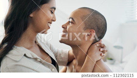 Couple, hug in bed and smile for love and commitment, talking and forehead touch, romance and chemistry. People in relationship, bonding and care at home, communication or trust with peace and calm Couple, hug in bed and smile for love and commitment, talking and forehead touch, romance and chemistry. People in relationship, bonding and care at home, communication or trust with peace and calm 112302115