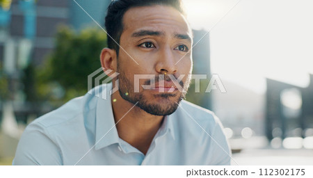 Business man, sad and unemployment in city with worry, anxiety or stress for job loss on sidewalk. Professional person, employee and depression in stock market crash, recession or financial crisis 112302175
